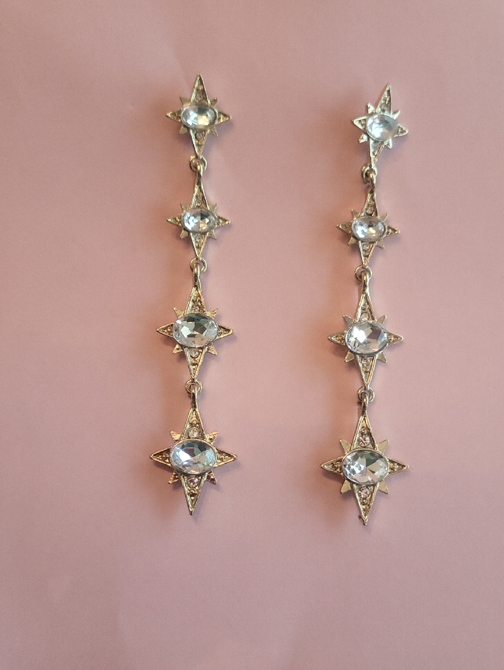 Silver Star Drop Dangle Earrings with Clear Crystals